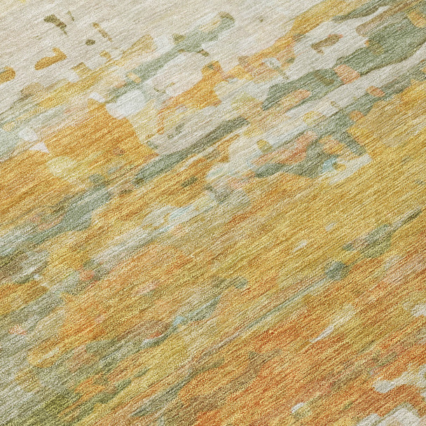 9' X 12' Artichoke Green And Gold Abstract Washable Indoor Outdoor Area Rug