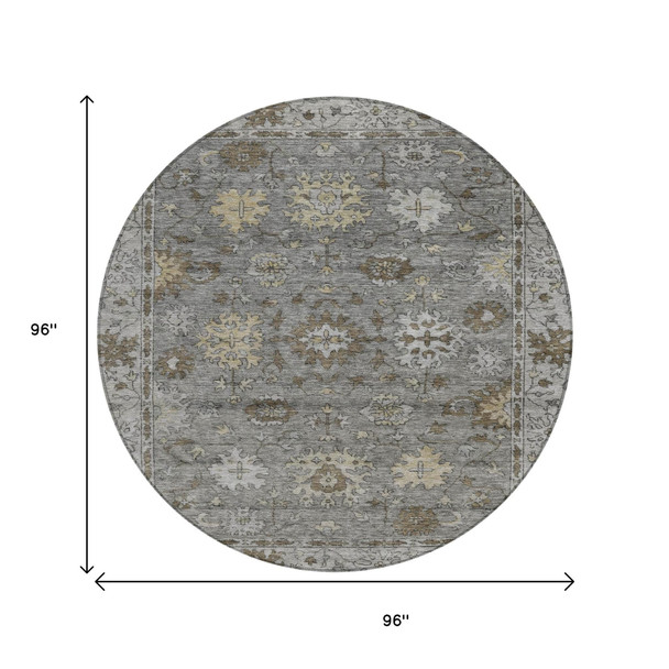 8' Pewter And Gold Round Floral Washable Indoor Outdoor Area Rug