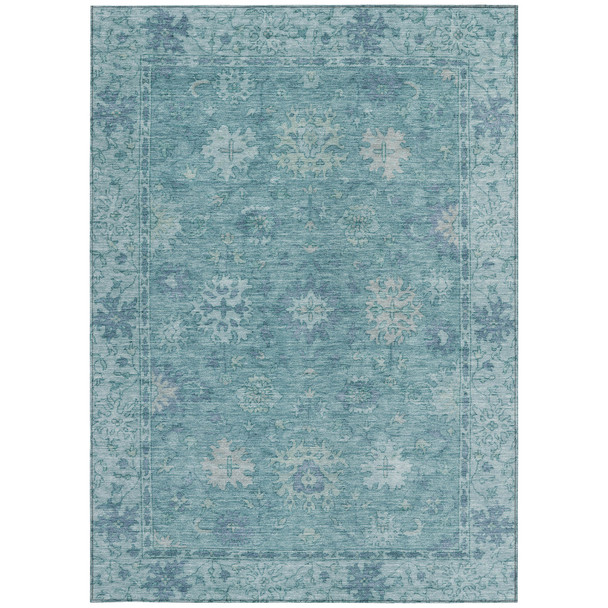 9' X 12' Teal Blue And Pale Aqua Floral Washable Indoor Outdoor Area Rug