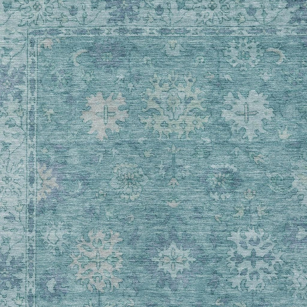 10' X 14' Teal Blue And Pale Aqua Floral Washable Indoor Outdoor Area Rug