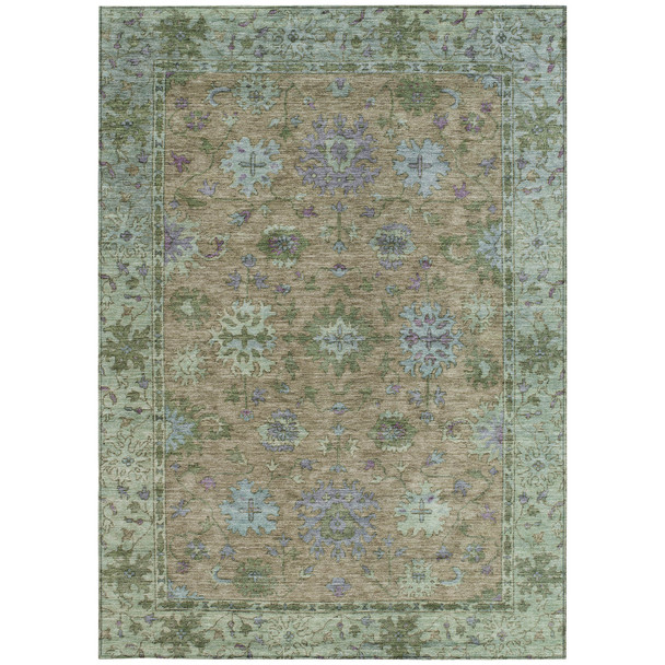 9' X 12' Brown Olive Green And Lavender Floral Washable Indoor Outdoor Area Rug