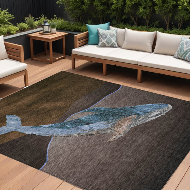 8' X 10' Brown And Denim Blue Animal Print Washable Indoor Outdoor Area Rug