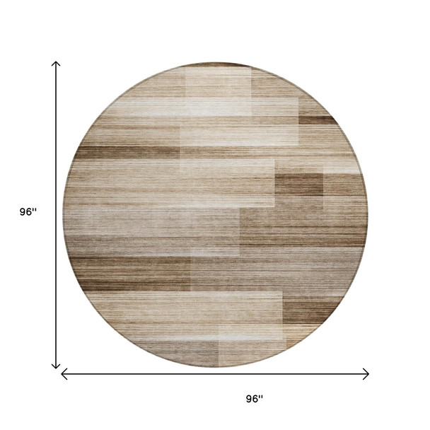 8' Brown And Ivory Round Striped Washable Indoor Outdoor Area Rug