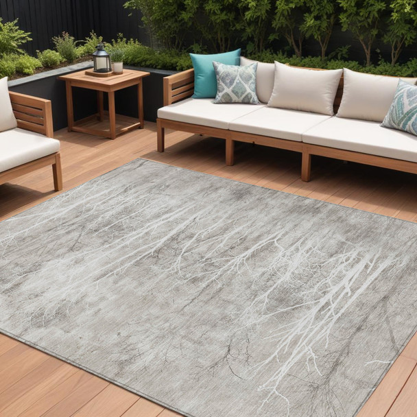 10' X 14' Silver And Gray Floral Washable Indoor Outdoor Area Rug