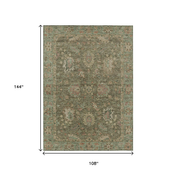 9' X 12' Olive Green And Rust Floral Washable Indoor Outdoor Area Rug
