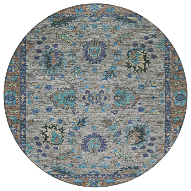 8' Pewter And Teal Blue Round Floral Washable Indoor Outdoor Area Rug