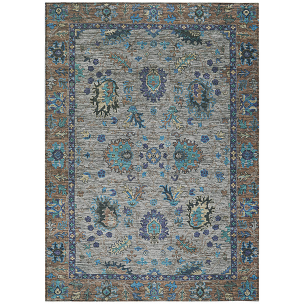 9' X 12' Pewter And Teal Blue Floral Washable Indoor Outdoor Area Rug