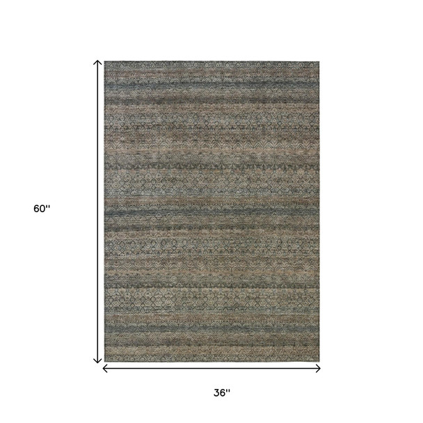 3' X 5' Chocolate And Gray Striped Washable Indoor Outdoor Area Rug