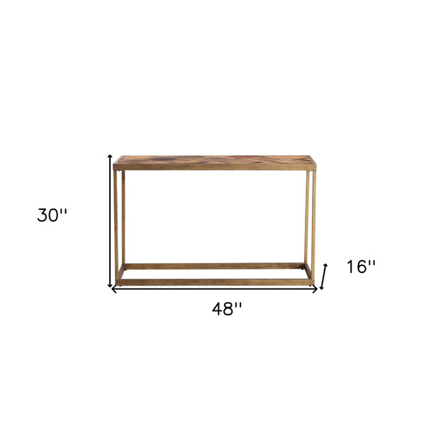 48" Natural and Brass Solid Wood and Iron Frame Console Table