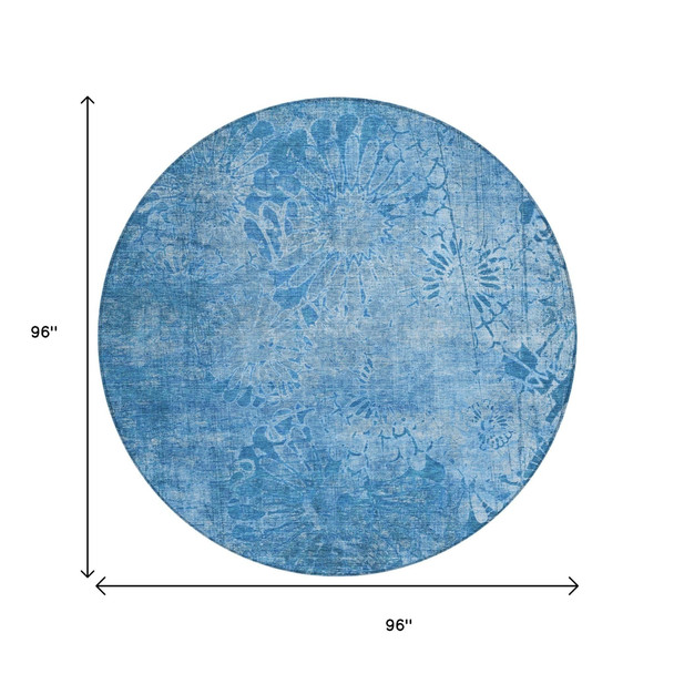 8' Denim Blue And Sky Blue Round Floral Washable Indoor Outdoor Area Rug