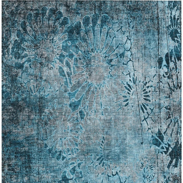 3' X 5' Teal Blue And Gray Floral Washable Indoor Outdoor Area Rug