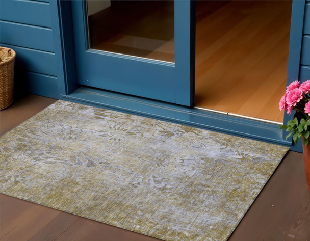 3' X 5' Wheat And Beige Floral Washable Indoor Outdoor Area Rug