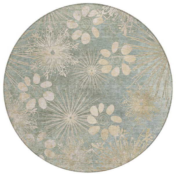 8' Artichoke Green And Beige Round Floral Washable Indoor Outdoor Area Rug