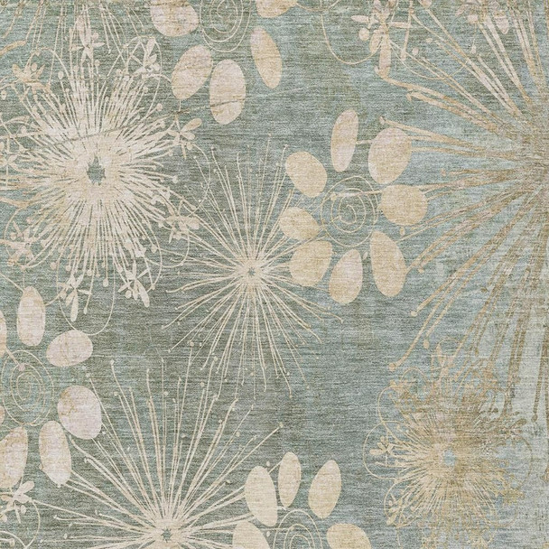 9' X 12' Artichoke Green And Beige Floral Washable Indoor Outdoor Area Rug