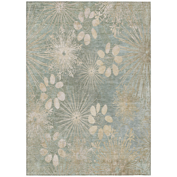10' X 14' Artichoke Green And Beige Floral Washable Indoor Outdoor Area Rug