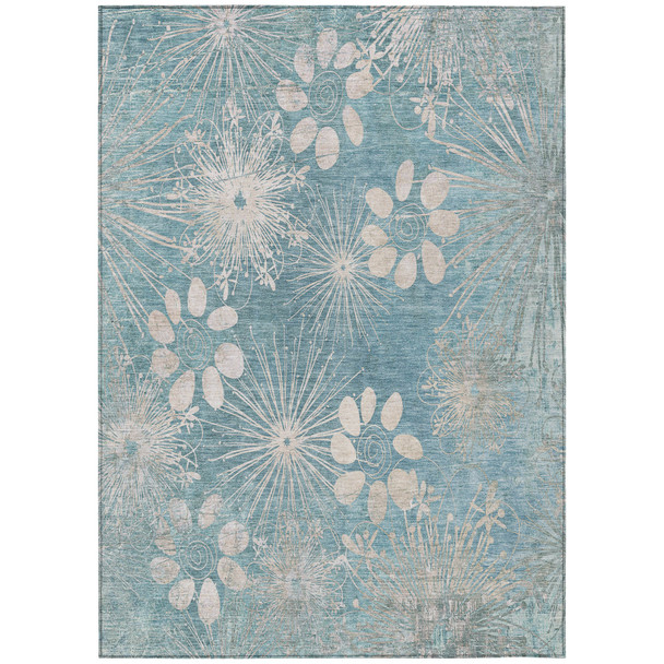 8' X 10' Blue And Ivory Floral Washable Indoor Outdoor Area Rug