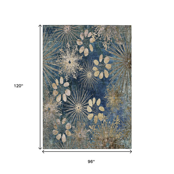 8' X 10' Navy Blue And Gold Floral Washable Indoor Outdoor Area Rug