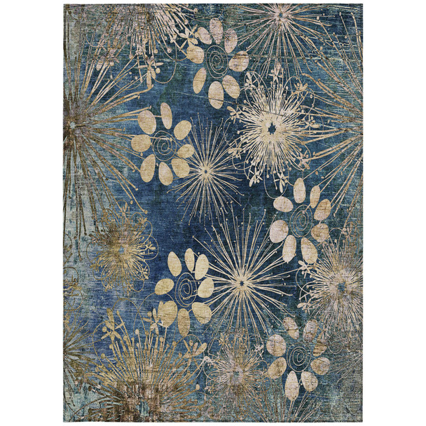 9' X 12' Navy Blue And Gold Floral Washable Indoor Outdoor Area Rug
