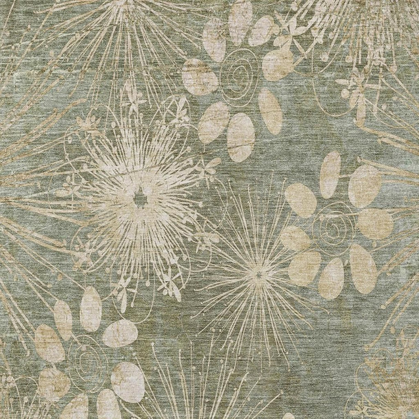 5' X 8' Sage And Beige Floral Washable Indoor Outdoor Area Rug