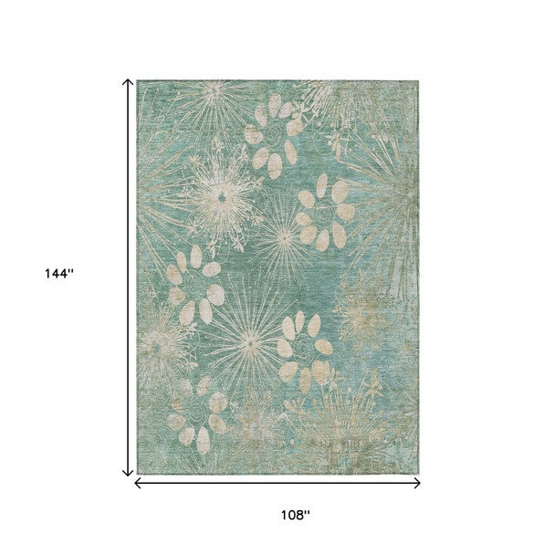 9' X 12' Teal Blue And Beige Floral Washable Indoor Outdoor Area Rug