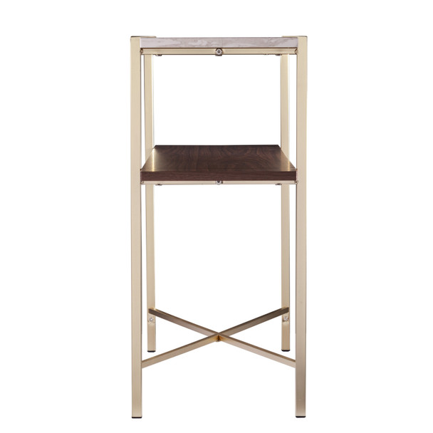 47" White Brass and Brown Faux Marble Console Table With Shelf