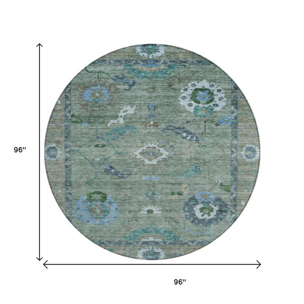 8' Artichoke Green And Denim Blue Round Floral Medallion Washable Indoor Outdoor Area Rug