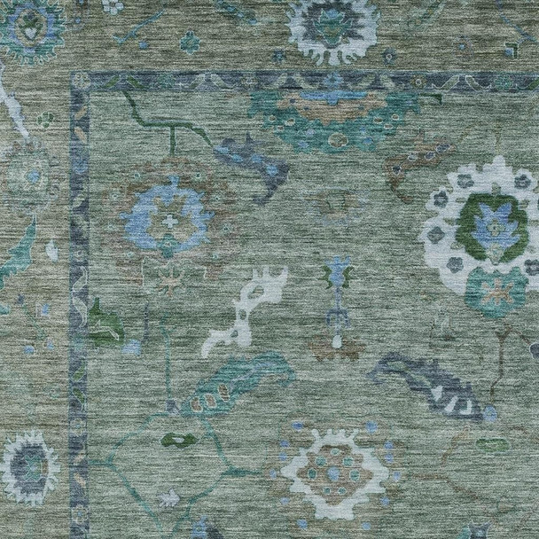 9' X 12' Artichoke Green And Denim Blue Floral Medallion Washable Indoor Outdoor Area Rug