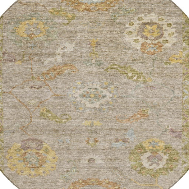 8' Khaki And Gold Round Floral Medallion Washable Indoor Outdoor Area Rug