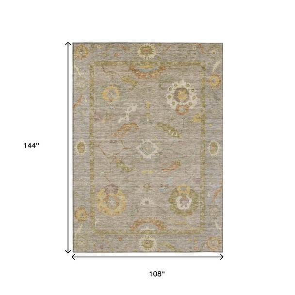 9' X 12' Khaki And Gold Floral Medallion Washable Indoor Outdoor Area Rug