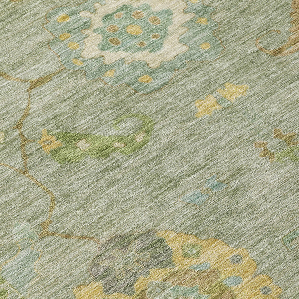5' X 8' Sage And Gold Floral Medallion Washable Indoor Outdoor Area Rug