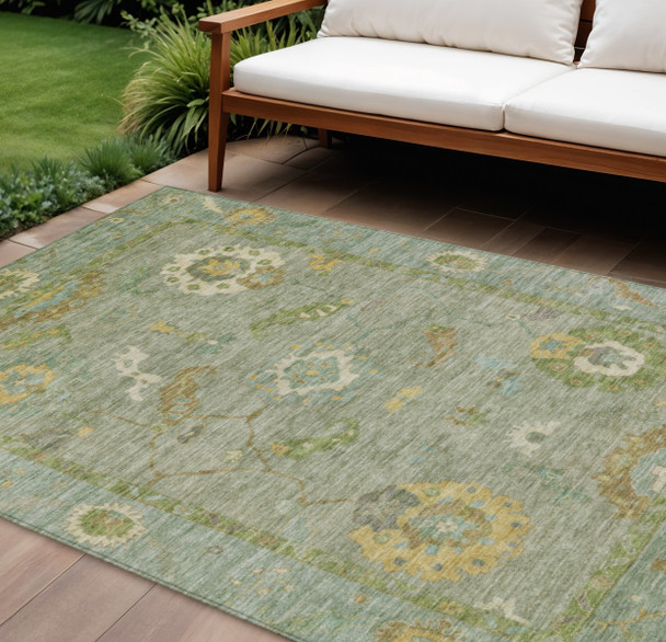 10' X 14' Sage And Gold Floral Medallion Washable Indoor Outdoor Area Rug