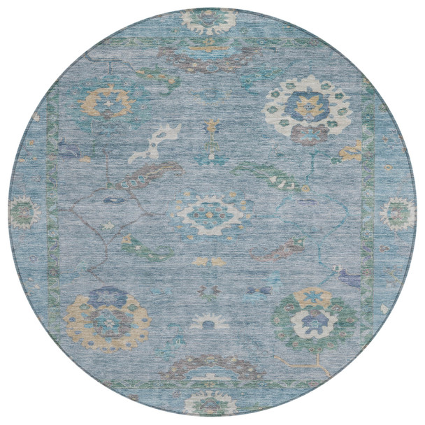 8' Sky Blue And Ivory Round Floral Medallion Washable Indoor Outdoor Area Rug