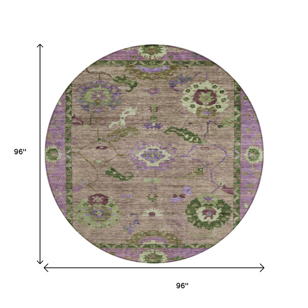 8' Brown Lavender And Ivory Round Floral Medallion Washable Indoor Outdoor Area Rug