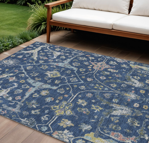 10' X 14' Navy Blue Gold And Ivory Floral Washable Indoor Outdoor Area Rug