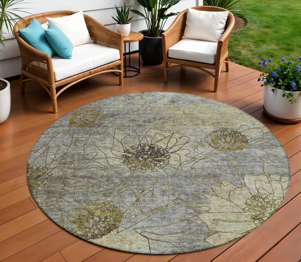 8' Granite Gray And Gold Round Floral Washable Indoor Outdoor Area Rug