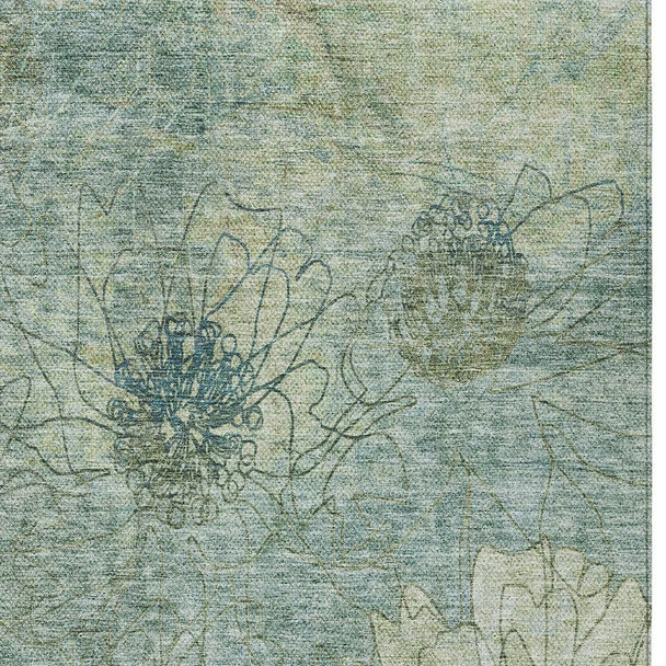 10' X 14' Pale Aqua And Wheat Floral Washable Indoor Outdoor Area Rug
