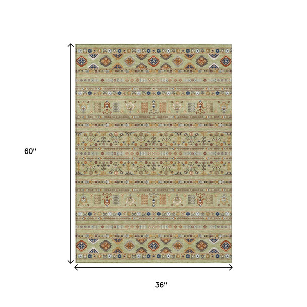3' X 5' Artichoke Green Blue And Copper Tribal Washable Indoor Outdoor Area Rug