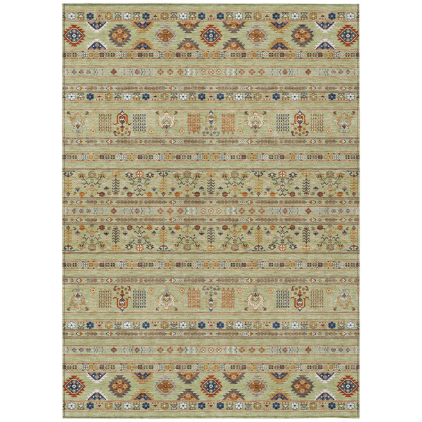 9' X 12' Artichoke Green Blue And Copper Tribal Washable Indoor Outdoor Area Rug