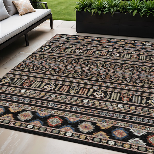 3' X 5' Black Blue And Copper Tribal Washable Indoor Outdoor Area Rug