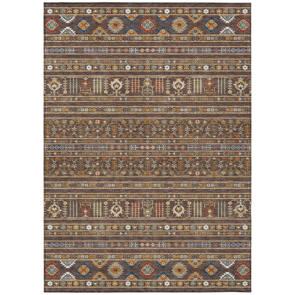 10' X 14' Chocolate Blue And Copper Tribal Washable Indoor Outdoor Area Rug