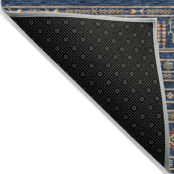 8' Navy Blue Copper And Gold Round Tribal Washable Indoor Outdoor Area Rug
