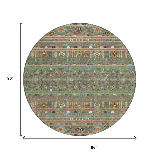 8' Sage Gold And Copper Round Tribal Washable Indoor Outdoor Area Rug