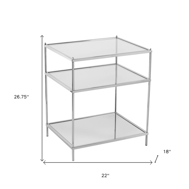 27" Silver Mirrored Glass And Iron End Table With Shelf