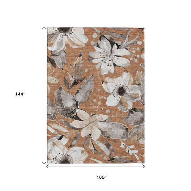 9' X 12' Copper Ivory And Charcoal Floral Washable Indoor Outdoor Area Rug