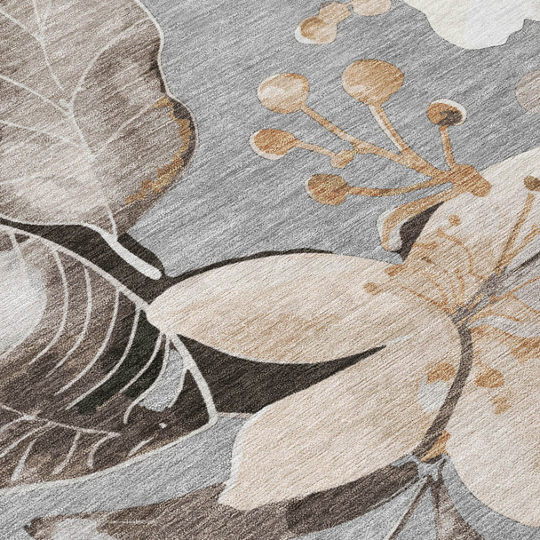10' X 14' Gray Ivory And Charcoal Floral Washable Indoor Outdoor Area Rug