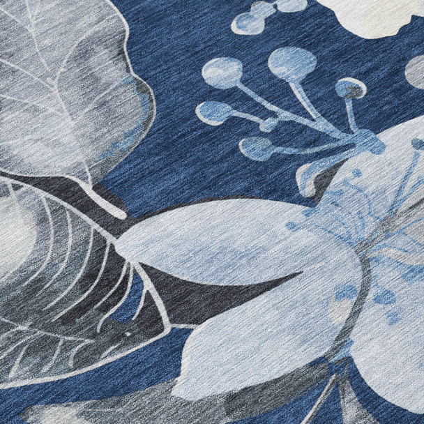 5' X 8' Navy Blue Ivory And Charcoal Floral Washable Indoor Outdoor Area Rug