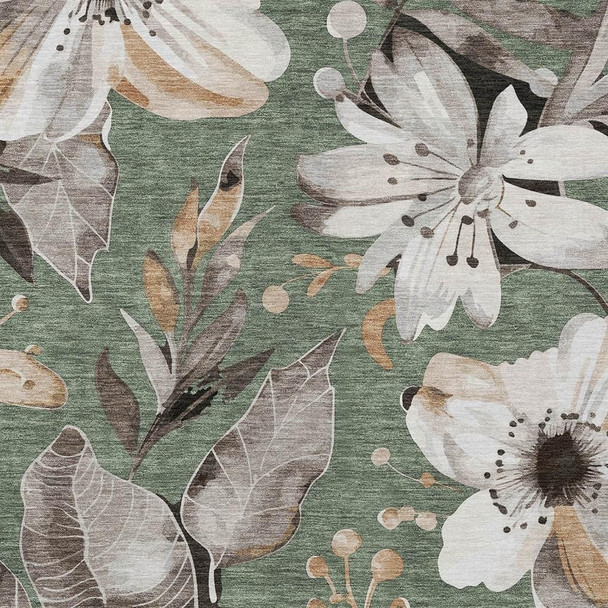 10' X 14' Sage Ivory And Charcoal Floral Washable Indoor Outdoor Area Rug
