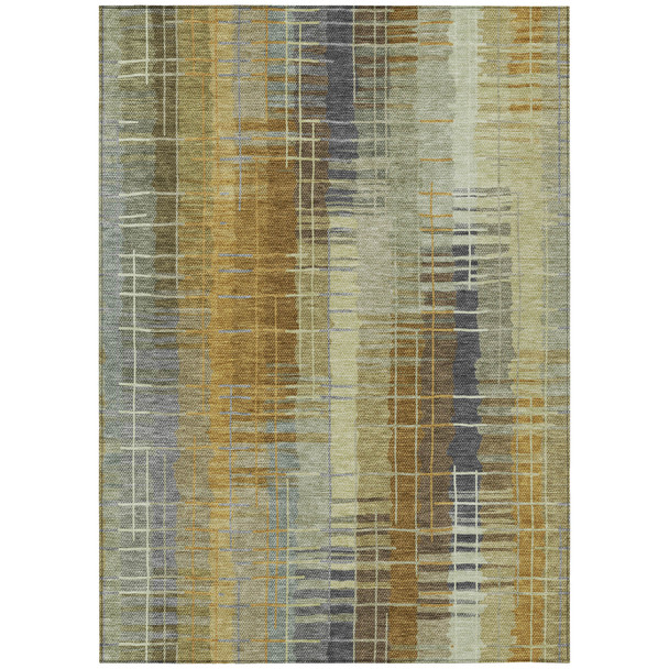 8' X 10' Artichoke Green And Gold Striped Washable Indoor Outdoor Area Rug