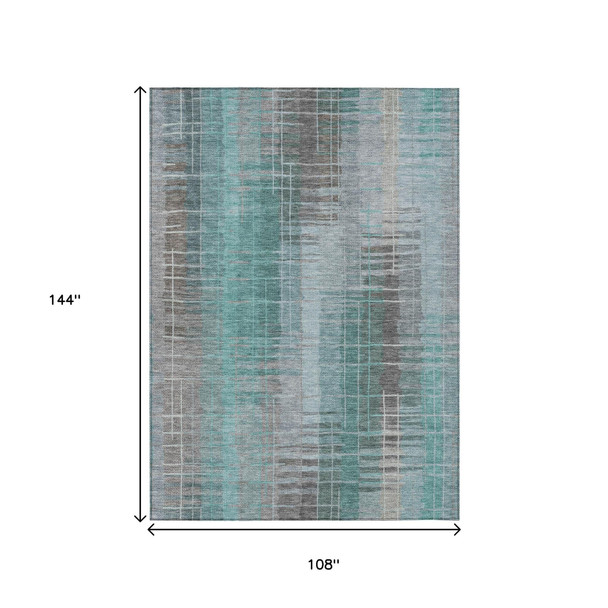 9' X 12' Pale Aqua And Gray Striped Washable Indoor Outdoor Area Rug