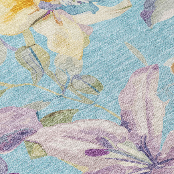 10' X 14' Aqua Gold And Lavender Floral Washable Indoor Outdoor Area Rug